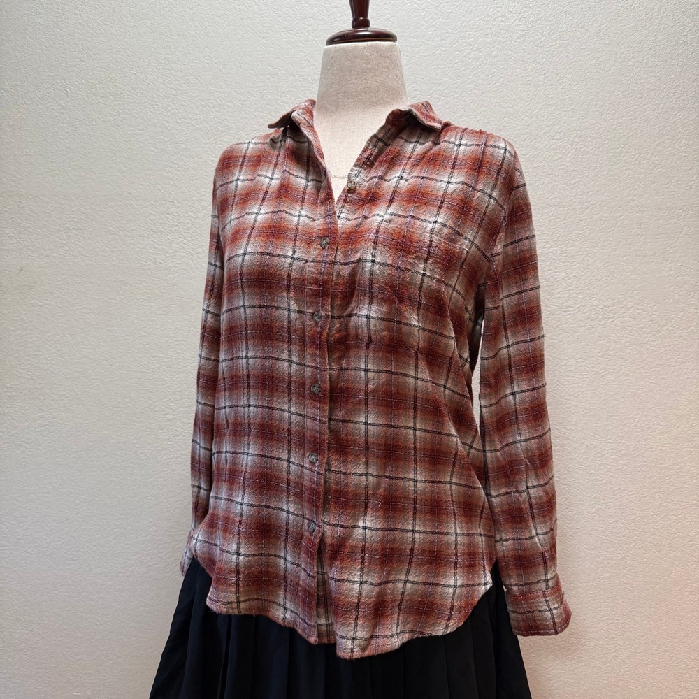 Beach‎ Lunch Lounge Plaid Button-Up Soft Flannel Fall Rustic Boho Shirt Women M - Picture 3 of 13